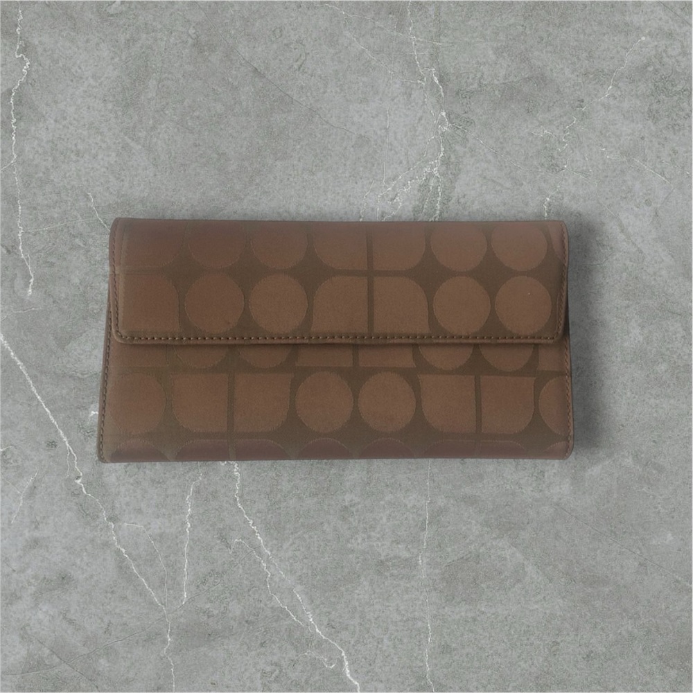 Kate Spade Dot Noel Tan Canvas Black Leather Long Continental Trifold Wallet